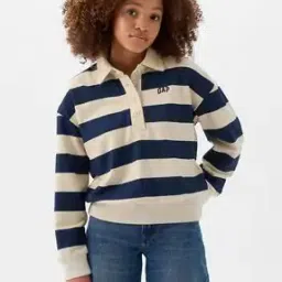 Girls Striped Polo Neck Sweatshirt with Full Sleeves-image-46