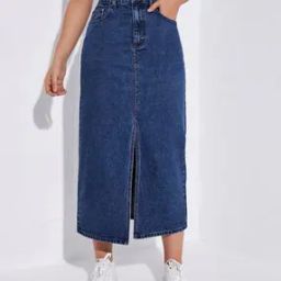 Women Straight Denim Skirt with Insert Pockets-picture-42