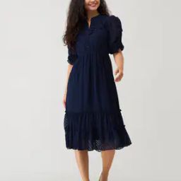 Women Fit & Flare Dress with Puff Sleeves-image-22