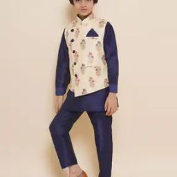 Floral Print Kurta & Pyjama with Waistcoat Set-image-49