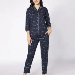 Women Typographic Print Shirt & Pyjama Nightwear Set-image-0
