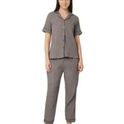 Women Striped Shirt & Pyjamas Set-image-3