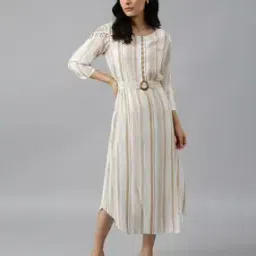 Striped A-Line Dress with Crochet Belt-image-76