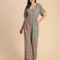 Women Leaf Print Jumpsuit with Insert Pockets-image-33