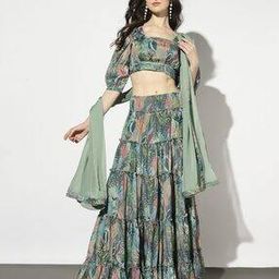 svrnaa by azorte Women Leaf Print Crop Top with Flared Skirt & Dupatta-picture-1