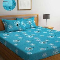 250 TC Printed King Size Fitted Bedsheet with Pillow Covers-image-11