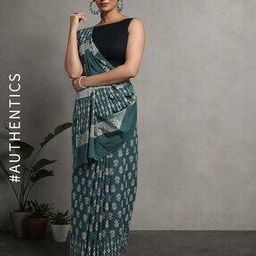 Handblock Bagru Print Cotton Saree-image-3