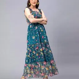 drape and dazzle Floral Printed Square-Neck Tiered Dress-picture-14