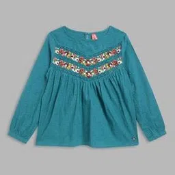 blue giraffe Girl Embroidered Round-Neck Top-picture-49