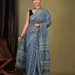 Traditional Handblock Print Cotton Silk Zari Border Saree-image-55