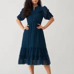 Women Fit & Flare Dress with Puff Sleeves-image-1