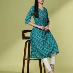 Women Block Print Flared Kurta-0