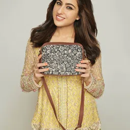 ZOUK Black & Beige Ethnic Motifs Woven Design Handcrafted Vegan Leather Sustainable Sling Bag-53