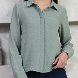 Shein Casual Spread Collar Full Cuffed Sleeves Swiss Dot Shirt-image-9