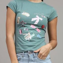 Shein Cap Sleeves Graphic Front Print Fitted Crew Tshirt-image-41
