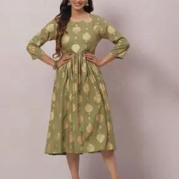 Women Floral Print Round-Neck Fit & Flare Kurta Dress-picture-6