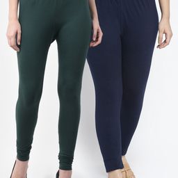 Jinfo Women Green & Navy Blue Pack Of 2 Solid Leggings-image-93