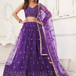 FABPIXEL Floral Embroidered Sequinned Semi-Stitched Net Lehenga Choli With Dupatta image 4