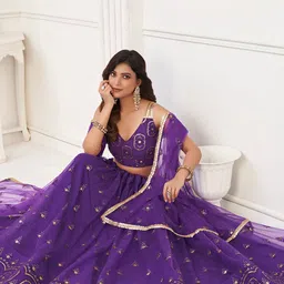 FABPIXEL Floral Embroidered Sequinned Semi-Stitched Net Lehenga Choli With Dupatta image 5