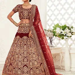 ODETTE Red & Gold-Toned Embroidered Thread Work Semi-Stitched Lehenga & Unstitched Blouse With Dupatta-1