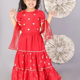 LIL DRAMA Girls Red & White Embellished Ready to Wear Lehenga & Choli With Dupatta-56