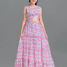 FASHION DREAM Girls Pink & Blue Printed Crop Top & Layered Lehenga Set-picture-20