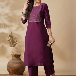 Globus Purple Yoke Design Thread Work Straight Kurta with Trousers-picture-1