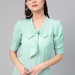 Zima Leto Tie-Up Neck Puff Sleeves Gathered Shirt Style Top-image-15