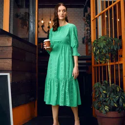 Marks & Spencer Self Design Puff Sleeve Pure Cotton Midi A-Line Dress-image-27