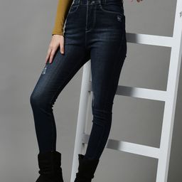 SHOWOFF Women Navy Blue Skinny Fit High-Rise Low Distress Light Fade Stretchable Jeans-image-48