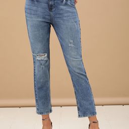 Freehand by The Indian Garage Co Women Blue Mildly Distressed Whiskers Light Fade Straight Fit Stretchable Jeans-image-46