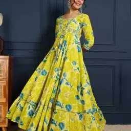 Women Floral Print Fit & Flare Cotton Gown-image-3