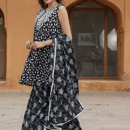 KALINI Ethnic Motifs Printed Tie-Up Neck Thread Work A-Line Kurta with Sharara &  Dupatta image 4