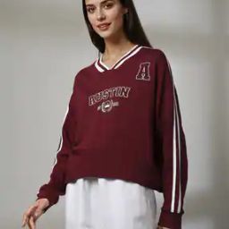 Women Varsity Print Loose Fit V-Neck Sweatshirt-image-42