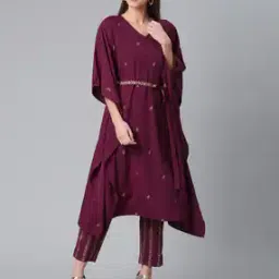 Leaf Print Kaftan Kurta & Pants with Fabric Belt Set-image-14