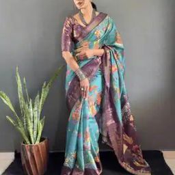 Ethinic Motifs Woven Design Zari Kanjeevaram Slik Kalamkari Print Saree-1