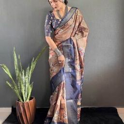 Ethinic Motifs Woven Design Zari Kanjeevaram Slik Kalamkari Print Saree-image-76