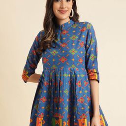 Sangria Ethnic Motifs Printed Mandarin Collar Pure Cotton A-line Kurti-image-33