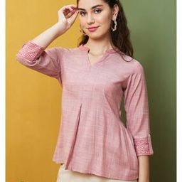 Women Embroidered Mandarin Collar Flared Hem A-Line Tunic-image-35