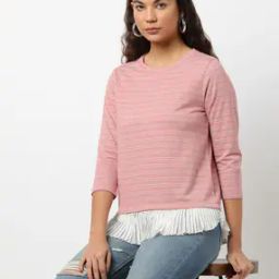 Striped Round-Neck Top with Pleated Trim-picture-22