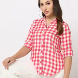 Checked Shirt with Curved Hemline-image-75