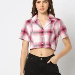 Women Plaid Checked Boxy Fit Crop Shirt-image-3