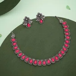 Oxidised Silver-Plated Necklace & Earrings Set-image-65