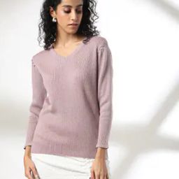 Women Ribbed Relaxed Fit V-Neck Pullover-image-66