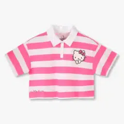 Girls Striped Relaxed Fit Crop Polo T-Shirt-image-1