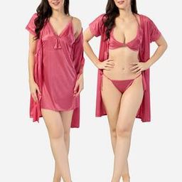 Women's Satin Knee Length Nighty with Robe-image-36