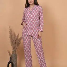 Women Floral Print Woven Top & Pyjamas Set-image-86