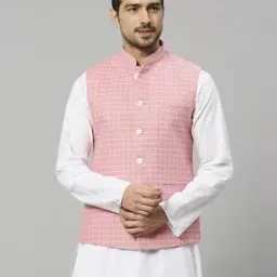 Checked Slim Fit Nehru Jacket-28
