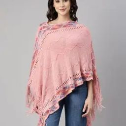 Women Chevron Pattern Poncho with Fringes-18