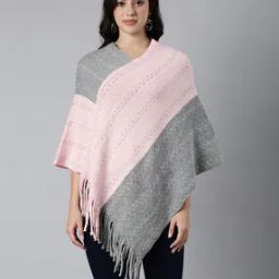 Women Colourblock Poncho with Fringes-image-64